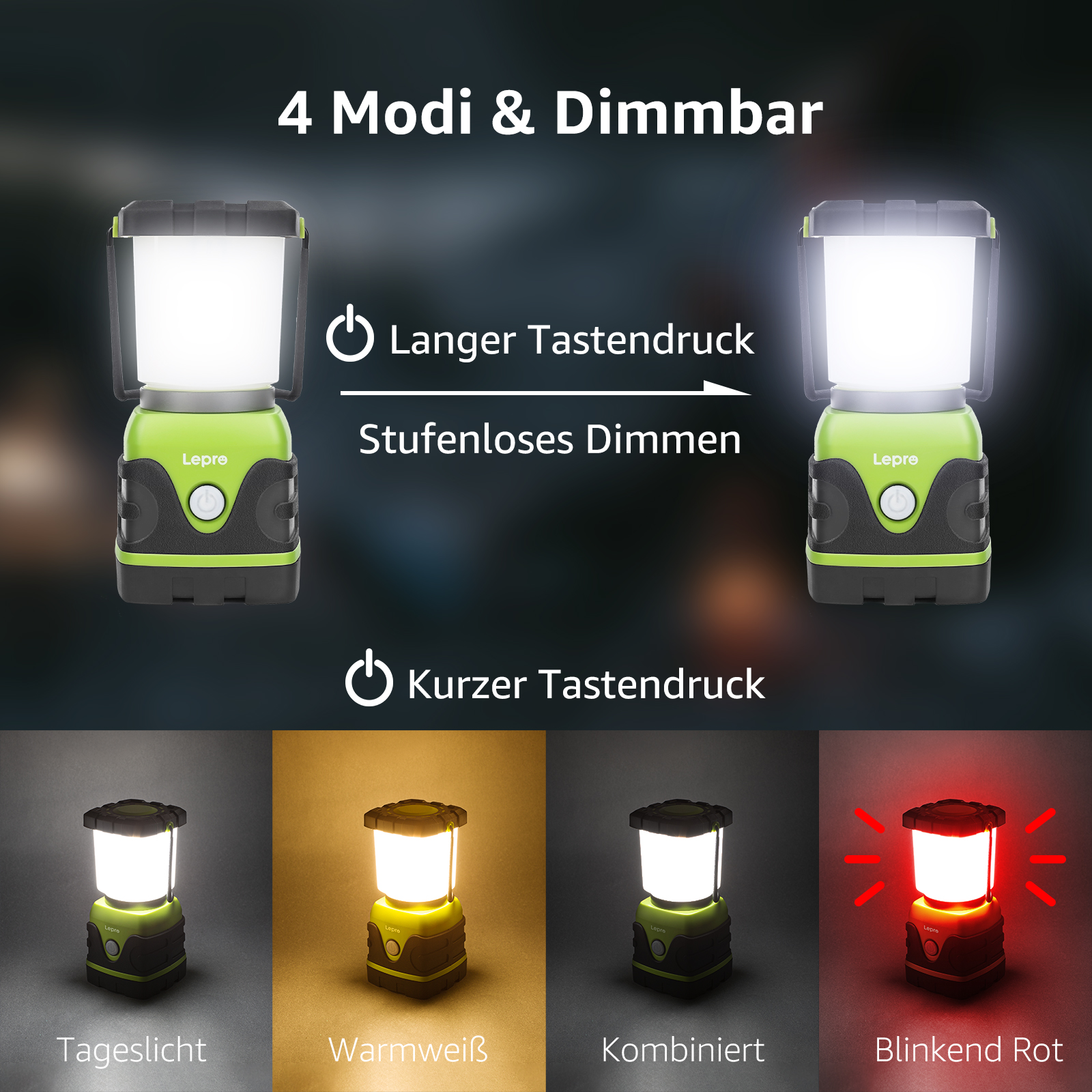 Eine grün-schwarze Laterne, die 4 Lichtmodi zeigt, mit deutschem Text.