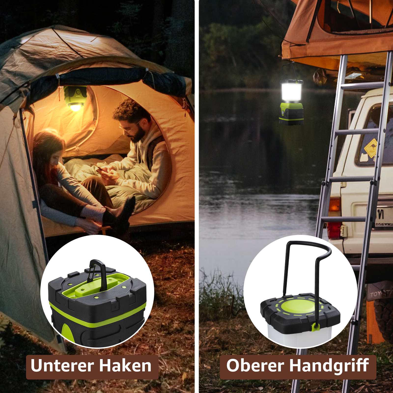 Zwei Campinglaternen mit Zelt und See im Hintergrund.