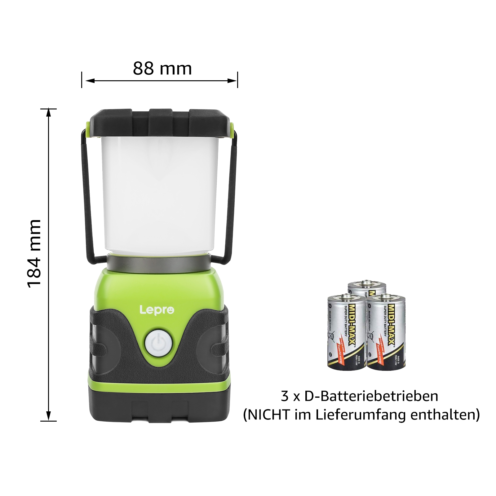 Eine grüne und schwarze Laterne mit Abmessungen und drei D-Batterien, weißer Hintergrund.
