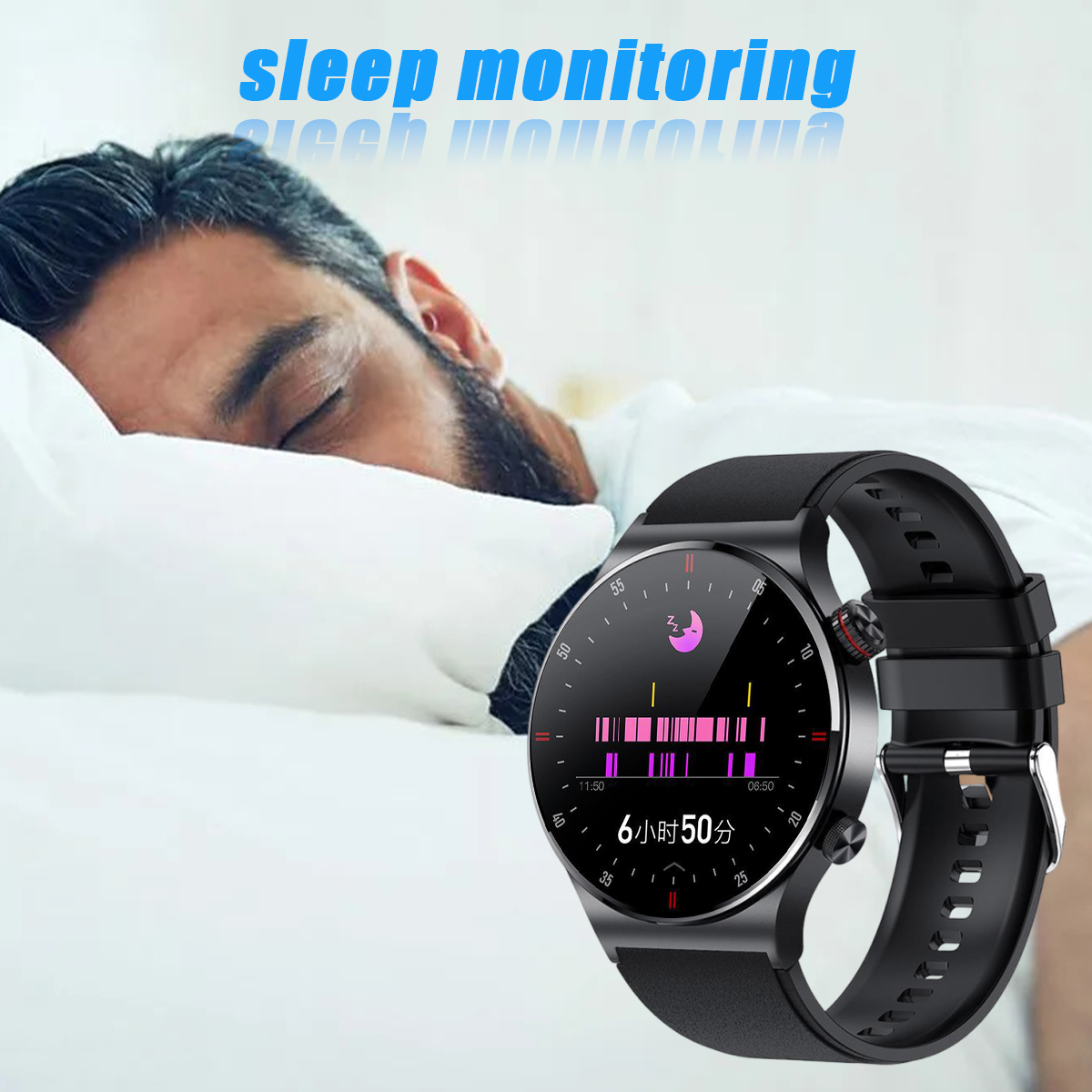 Schwarze Smartwatch auf einem Bett. Zeigt Schlafanalyse auf dem Bildschirm. Text oben: Schlaf-Überwachung.