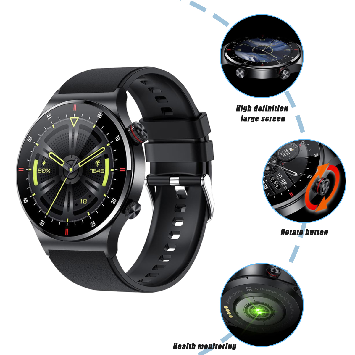 Schwarze Smartwatch mit mehreren Funktionen auf dem Bildschirm. Hat ein schwarzes Armband und eine Drehtaste.