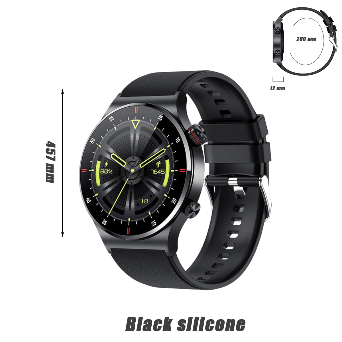 Schwarze Smartwatch mit schwarzem Armband, zeigt ein digitales Zifferblatt mit Statistiken.