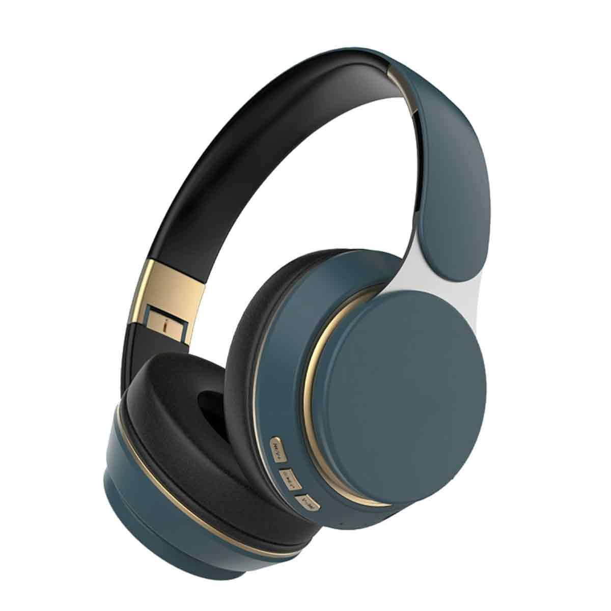 Blaue und goldene Over-Ear-Kopfhörer. Die Ohrmuscheln sind blau und das Kopfband und die Akzente sind gold.