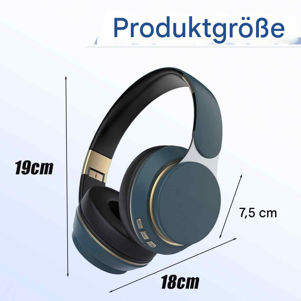 Blaue und goldene Kopfhörer mit Maßangaben. Gebogenes Design, Knöpfe.
