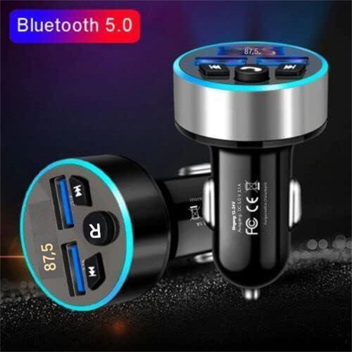 Autoladegerät mit zwei USB-Anschlüssen und einem Display mit 87,5 und blauen Lichtern.