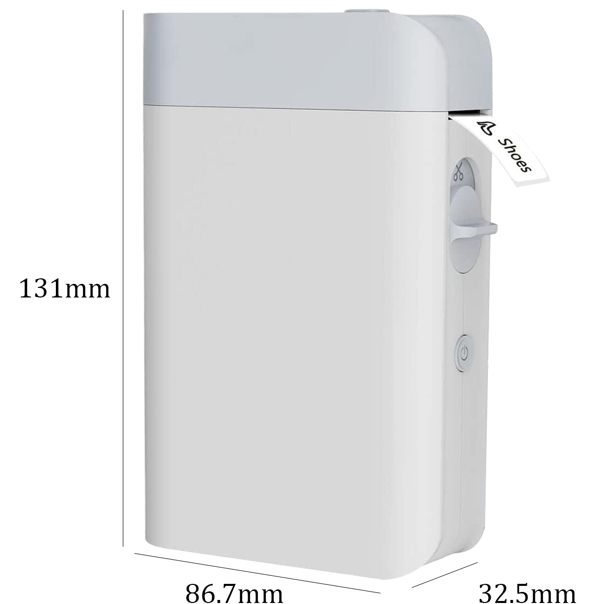 Ein weißer Etikettendrucker mit Maßen: 131mm H, 86.7mm B, 32.5mm T.