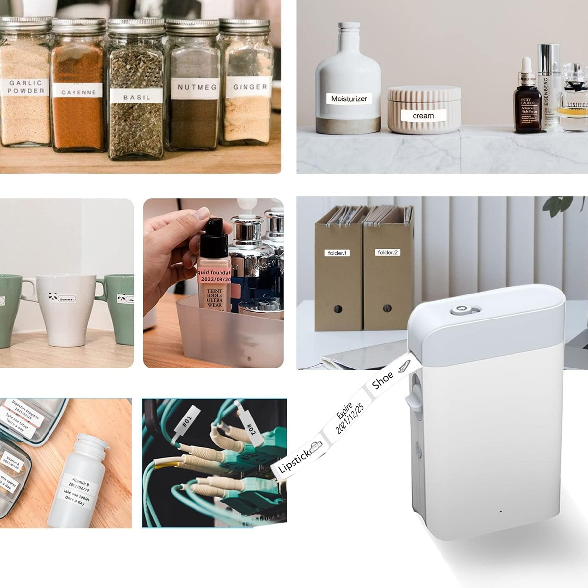 Gewürzgläser, Kosmetik, Tassen, Ordner, Kabel und Etikettendrucker.
