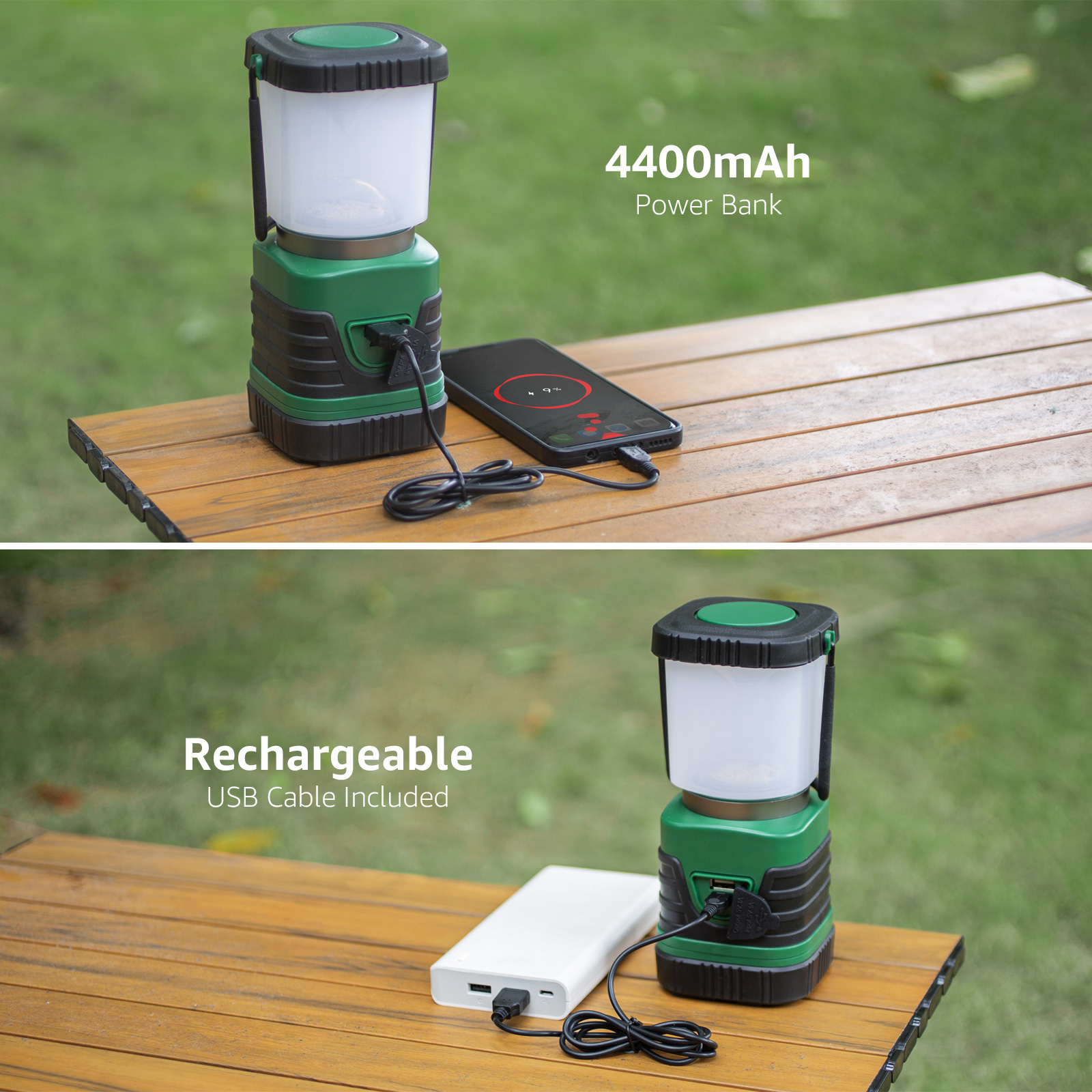 Grüne Laterne lädt Telefon auf, neben weißer Powerbank, auf einem Holztisch im Freien.