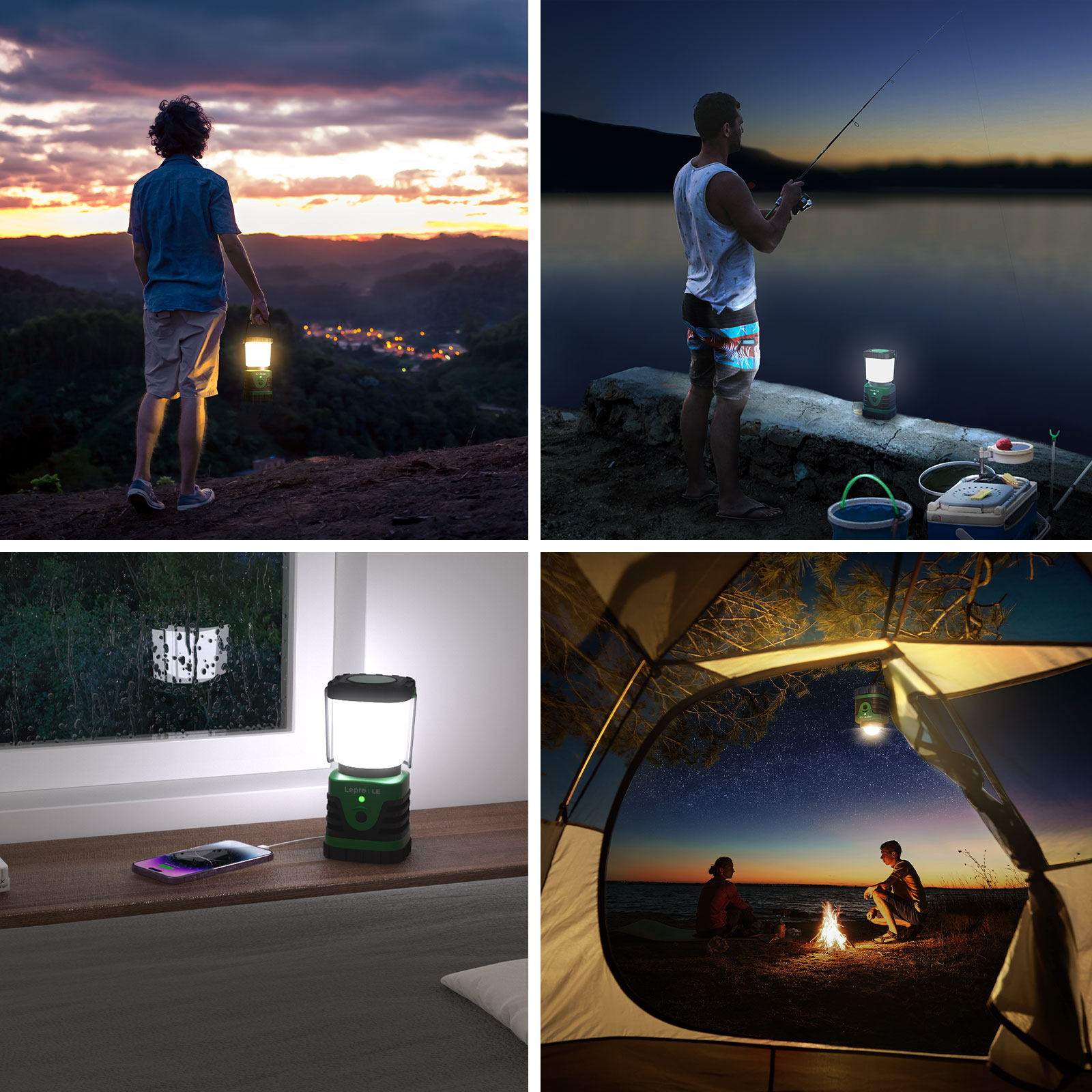 Laterne in verschiedenen Situationen verwendet: Camping, Angeln, Stromausfall und am See bei Nacht.