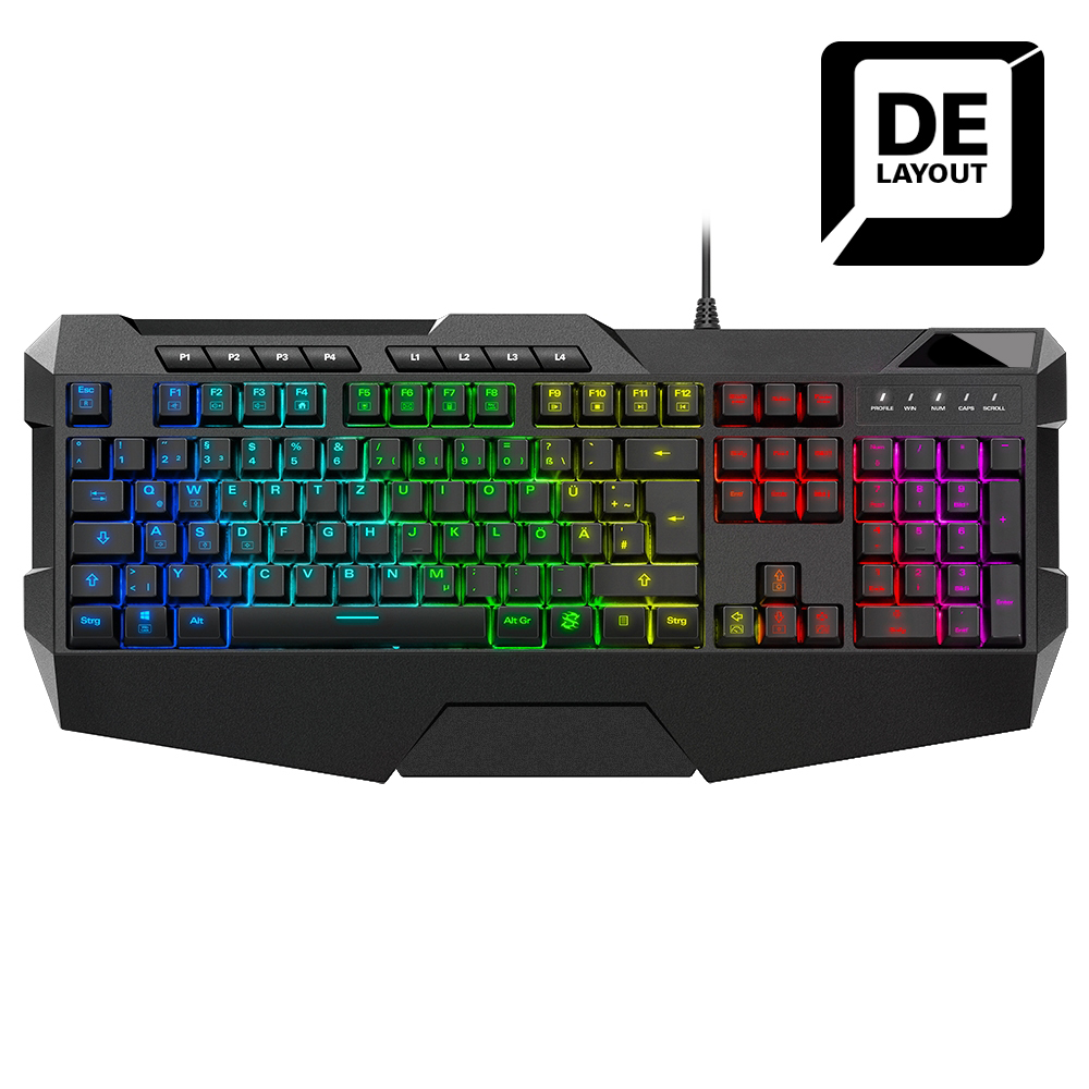 Schwarze Gaming-Tastatur mit Regenbogen-Hintergrundbeleuchtung. Hat ein DE-Layout-Etikett. Mehrfarbige Tasten.