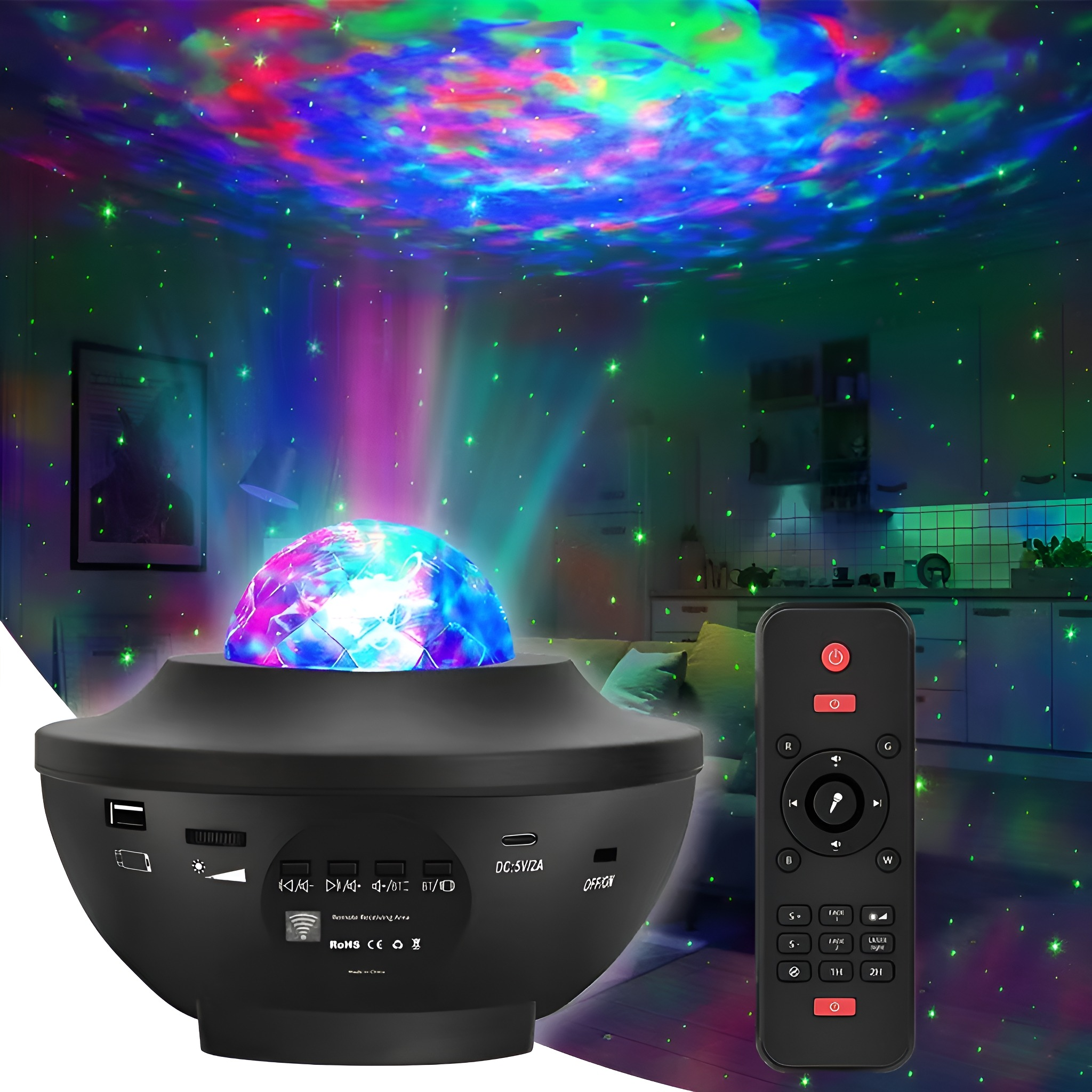 Ein schwarzer Galaxie-Projektor mit Fernbedienung. Er projiziert bunte Lichter an die Decke und erzeugt einen Sternennacht-Effekt.