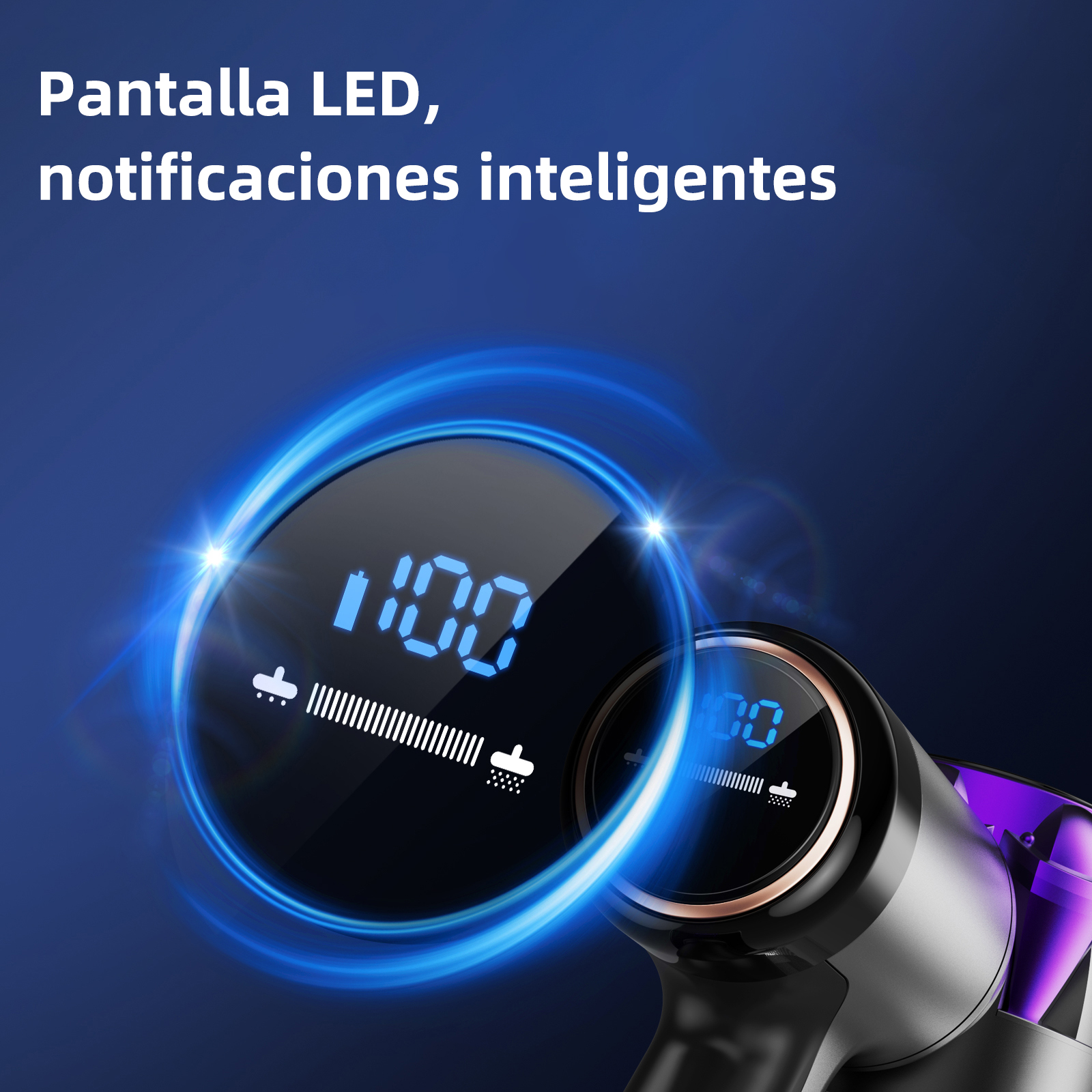 Una pantalla de aspiradora que muestra el 100% de la batería y otra información.