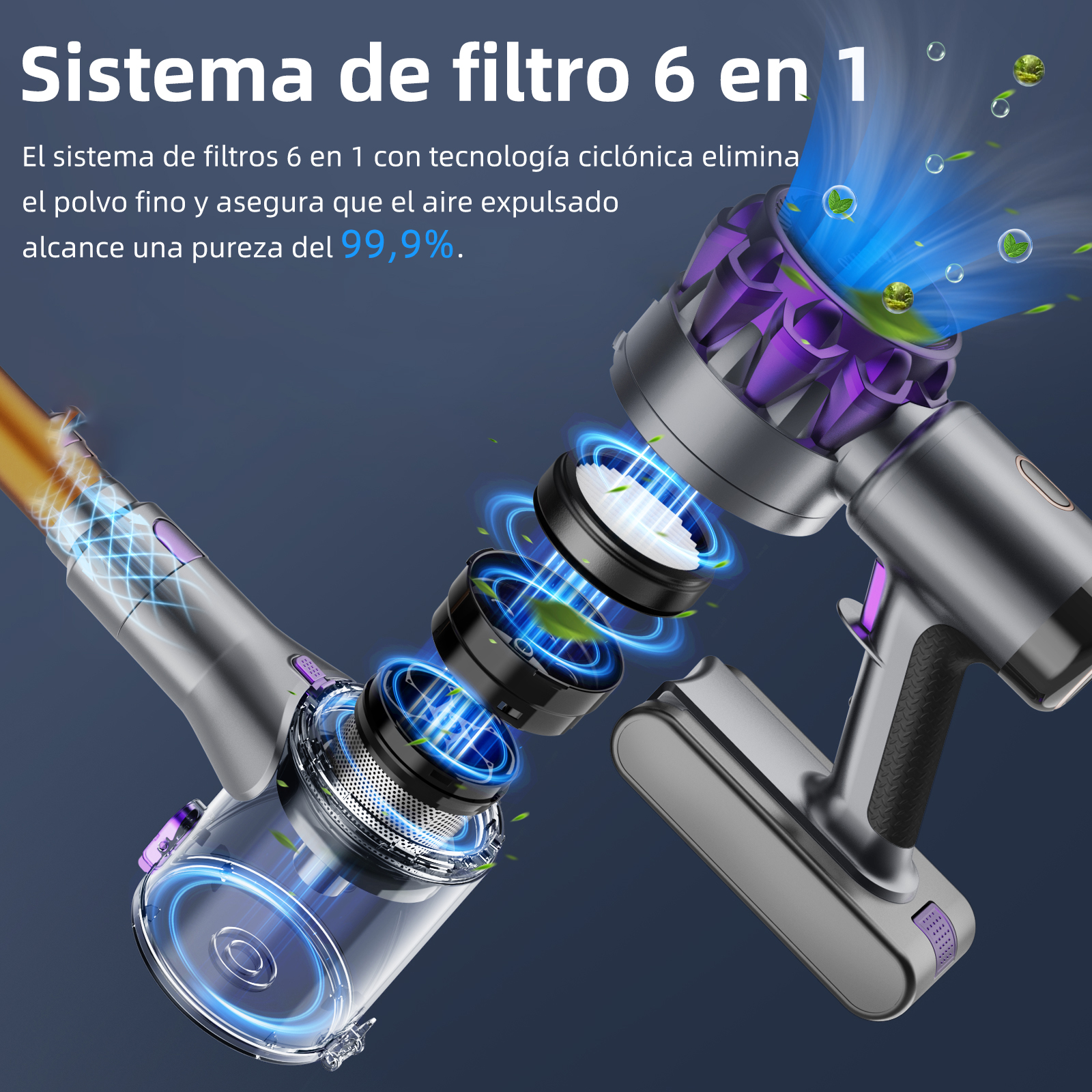 Ilustración de un aspirador que muestra el sistema de filtro. Se están filtrando el aire y las partículas.