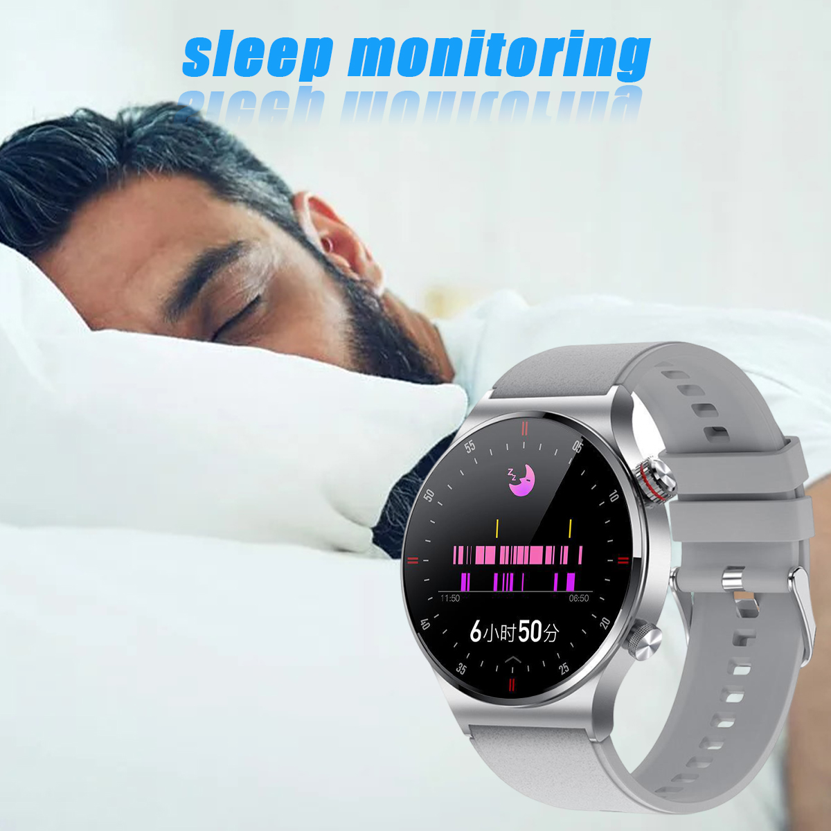 Mann trägt Smartwatch mit Schlafüberwachungsdaten. Die Uhr ist grau.
