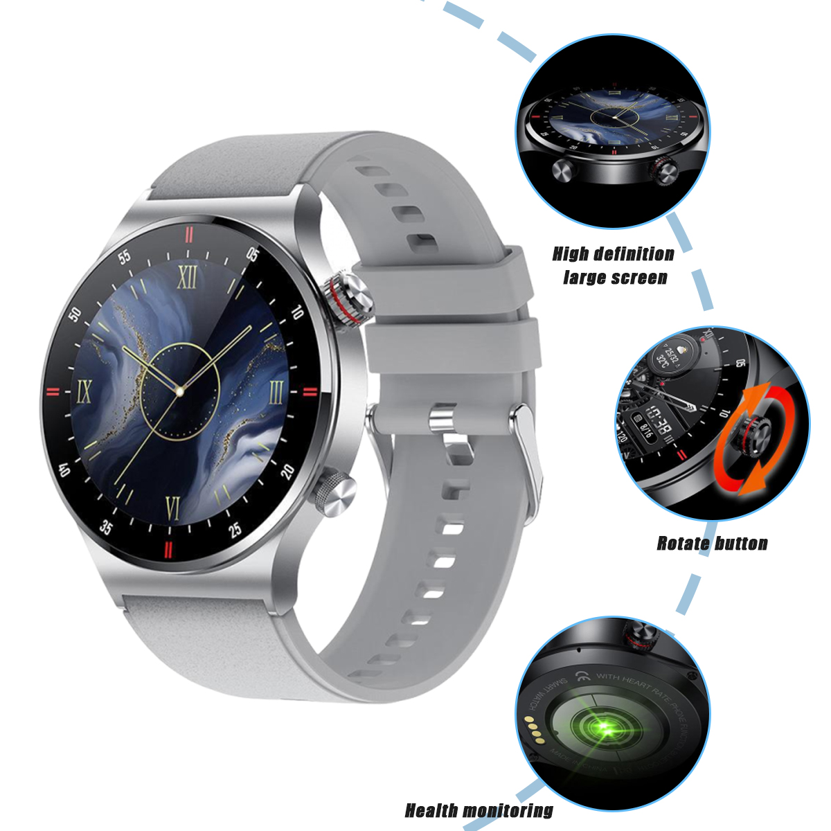 Silberne Smartwatch an einem grauen Armband, mit Nahaufnahmen des Bildschirms und der Funktionen.