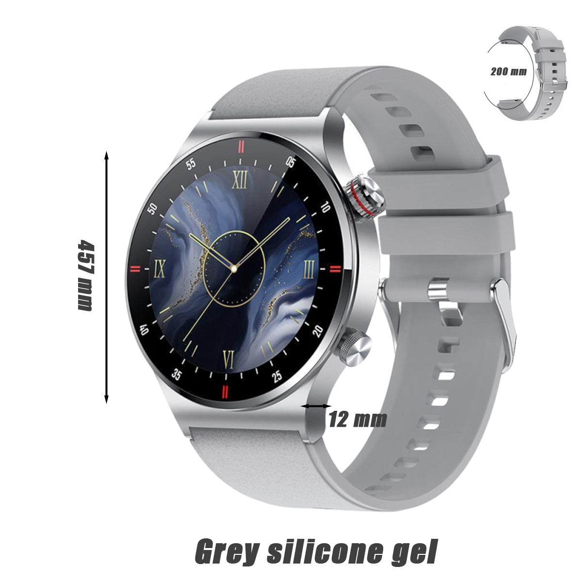 Eine silberne Smartwatch mit grauem Armband, die einen dunkel gemusterten Bildschirm zeigt.