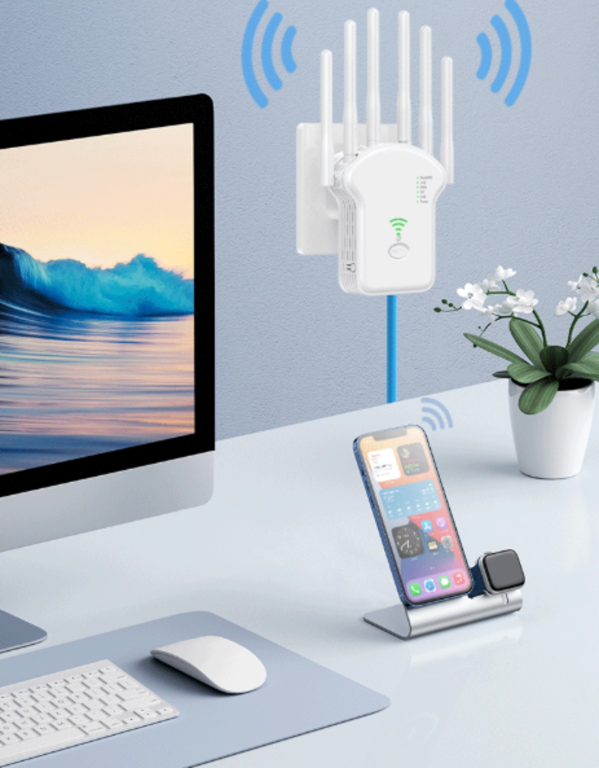 WLAN-Repeater-Setup mit Telefon. Telefon zeigt Apps. Schreibtisch mit Computer.