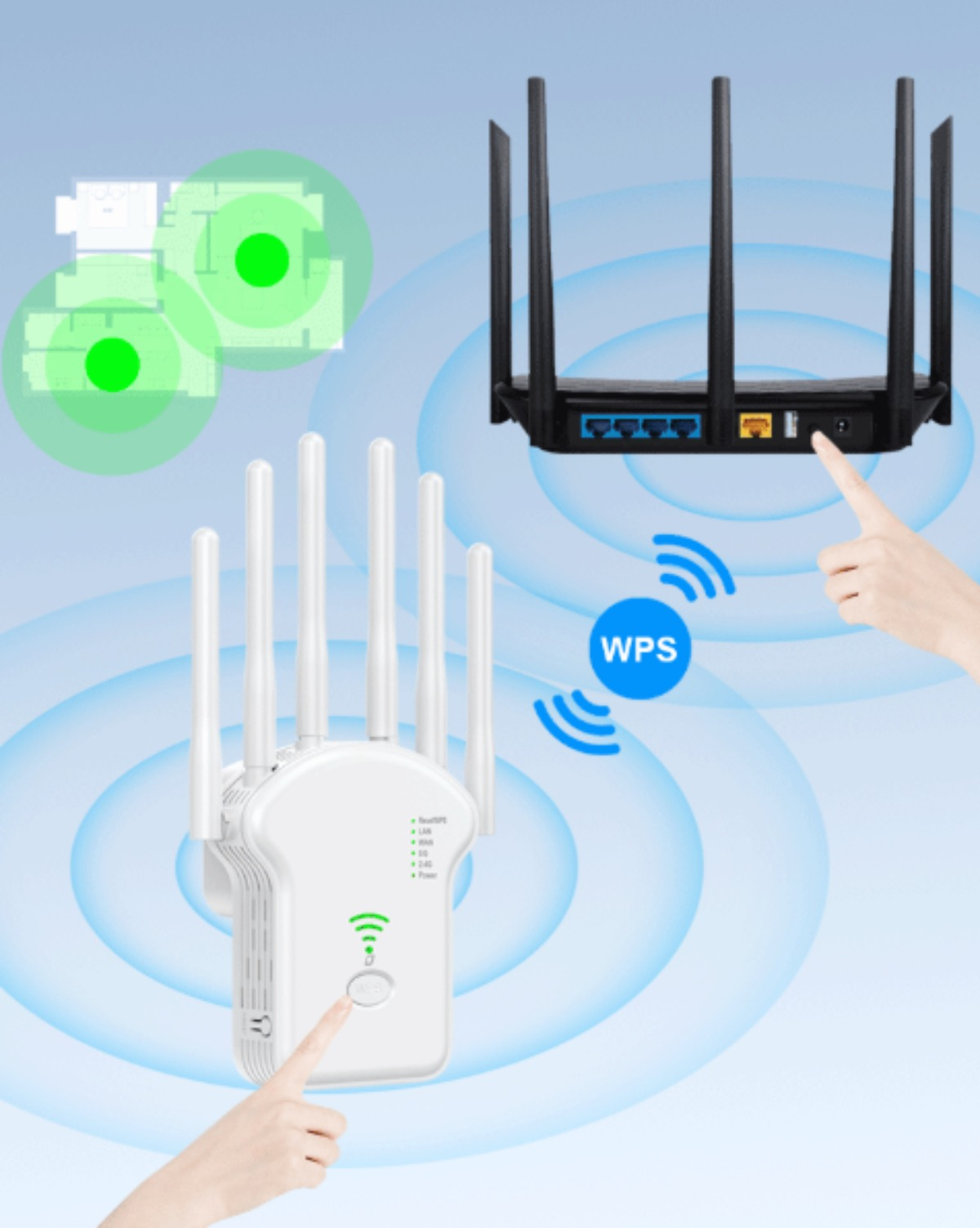 Weißer und schwarzer WLAN-Repeater und ein Router. Blauer Hintergrund.