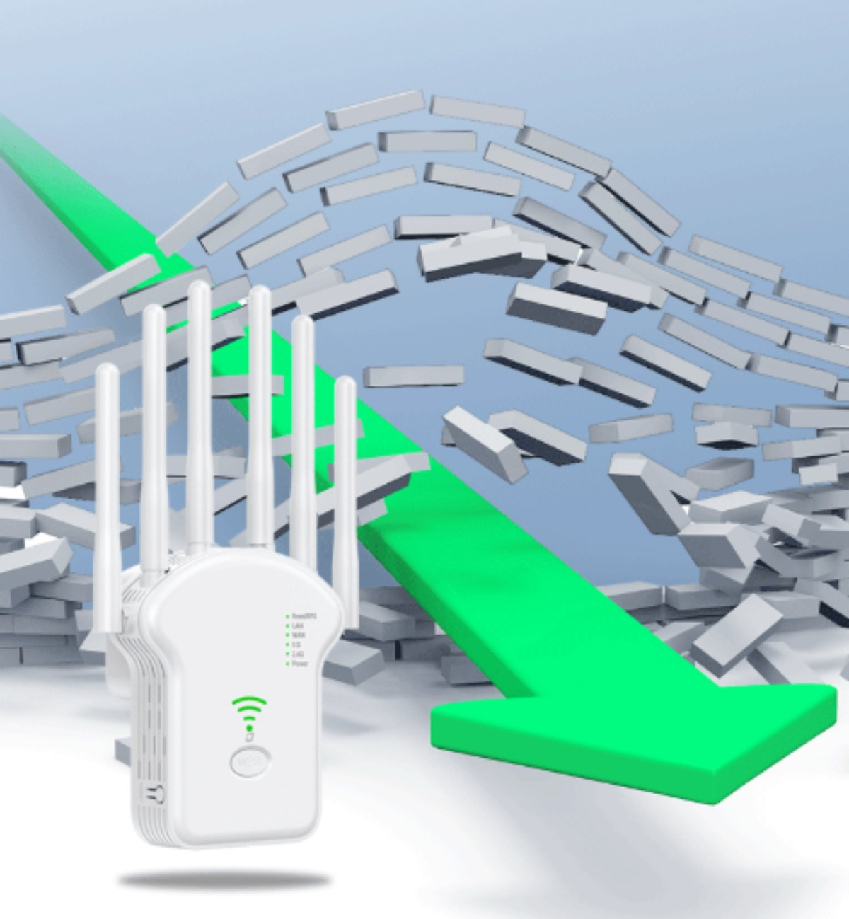 Ein weißer Router mit Antennen, ein grüner Pfeil, der eine Wand aus weißen Blöcken durchbricht.