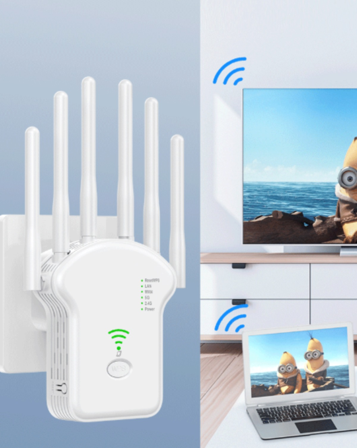 Weißer WLAN-Repeater in der Wand. Fernseher und Laptop zeigen Minions. WLAN-Signal-Symbole vorhanden.