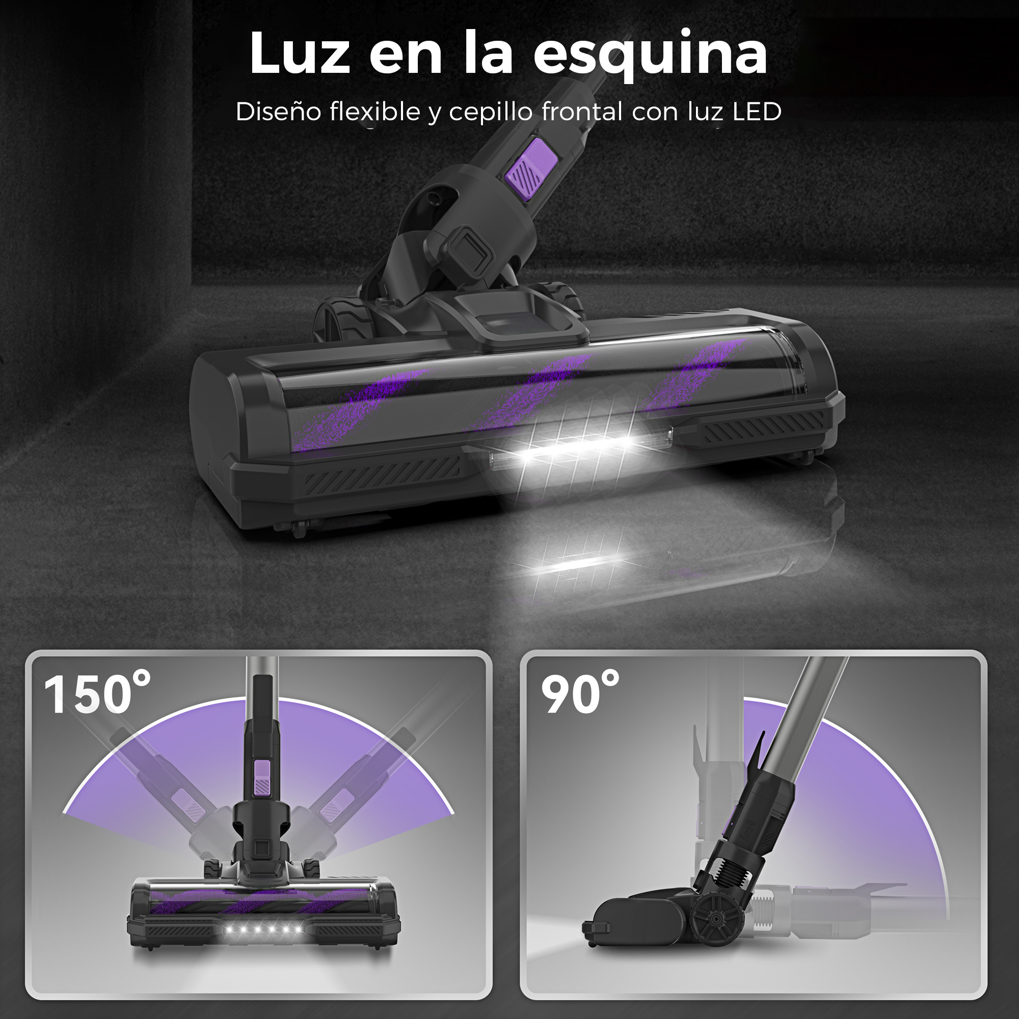 Cabezal de aspiradora con luz brillante, mostrando su flexibilidad.