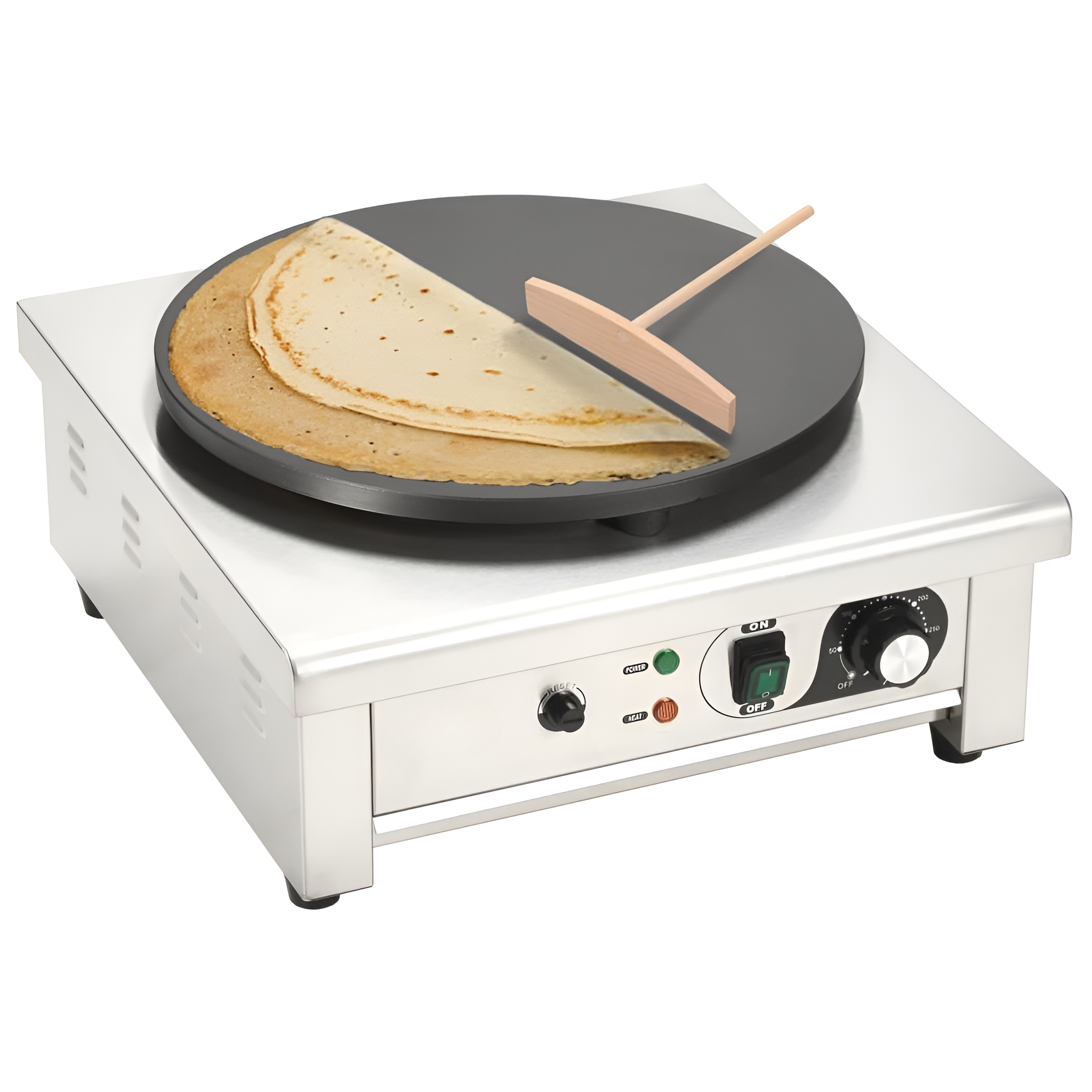 Crêpes-Maker mit halbgebackenem Crêpe, Holzverteiler und Edelstahlbasis.