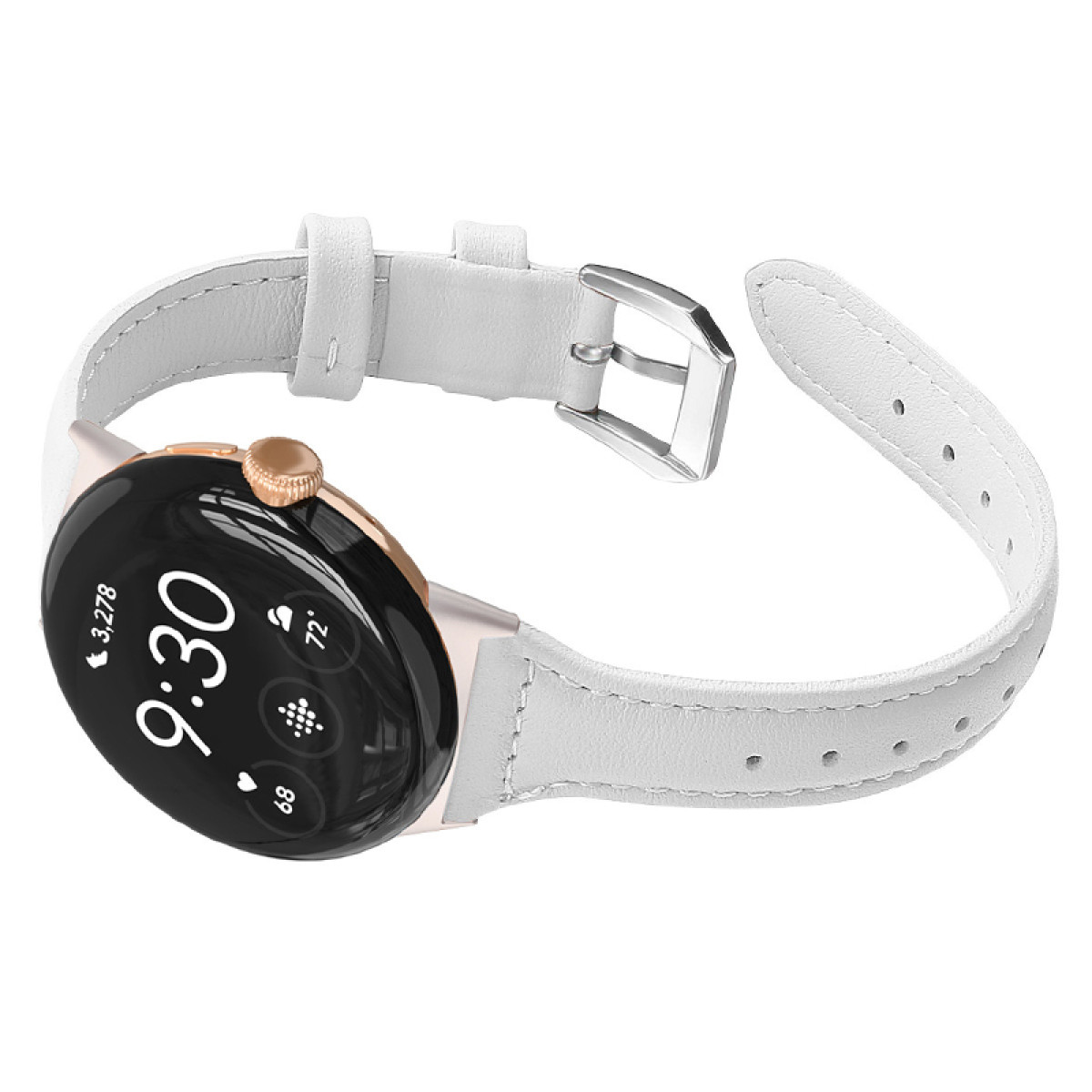 Eine weiße, goldumrandete Smartwatch mit weißem Lederarmband. Die Uhr zeigt 9:30 mit Gesundheitsmetriken an.
