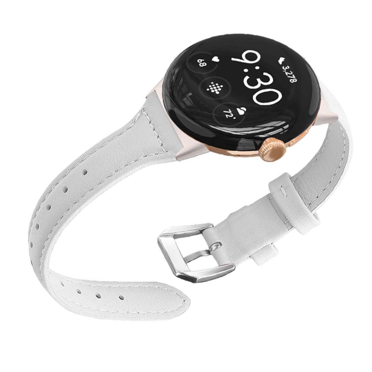 Eine Smartwatch mit weißem Lederarmband und goldfarbenem Gehäuse, die die Uhrzeit 9:30 anzeigt.
