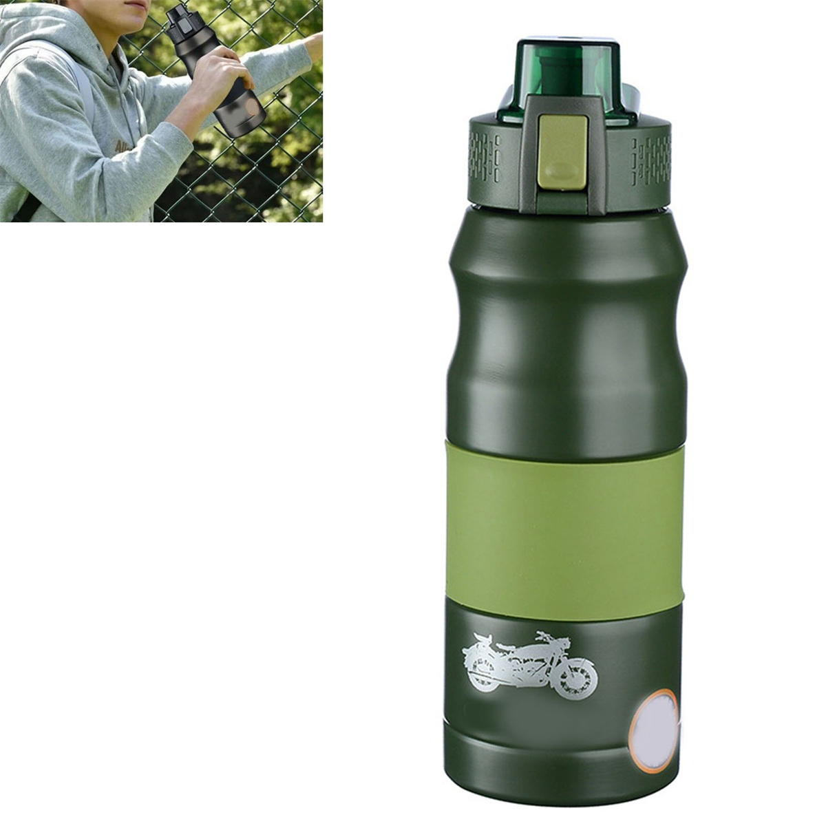 Grüne und schwarze Wasserflasche mit Deckel. Eine Person wird bei der Nutzung gezeigt. Motorradbild.