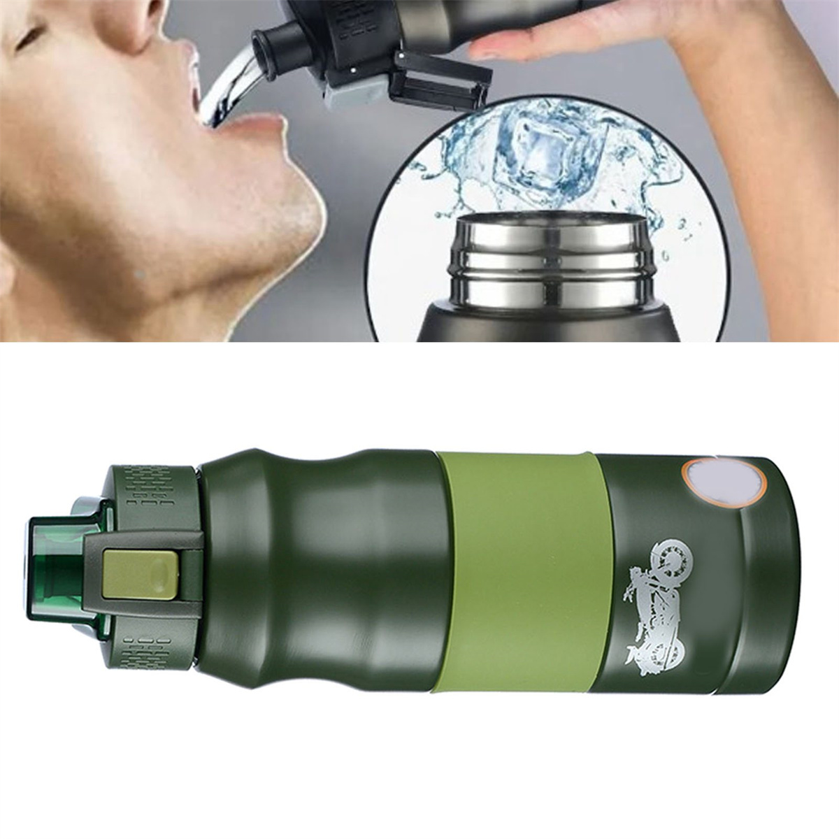 Eine Person trinkt aus einer grün-schwarzen Wasserflasche mit silbernem Deckel und Eiswürfeln.