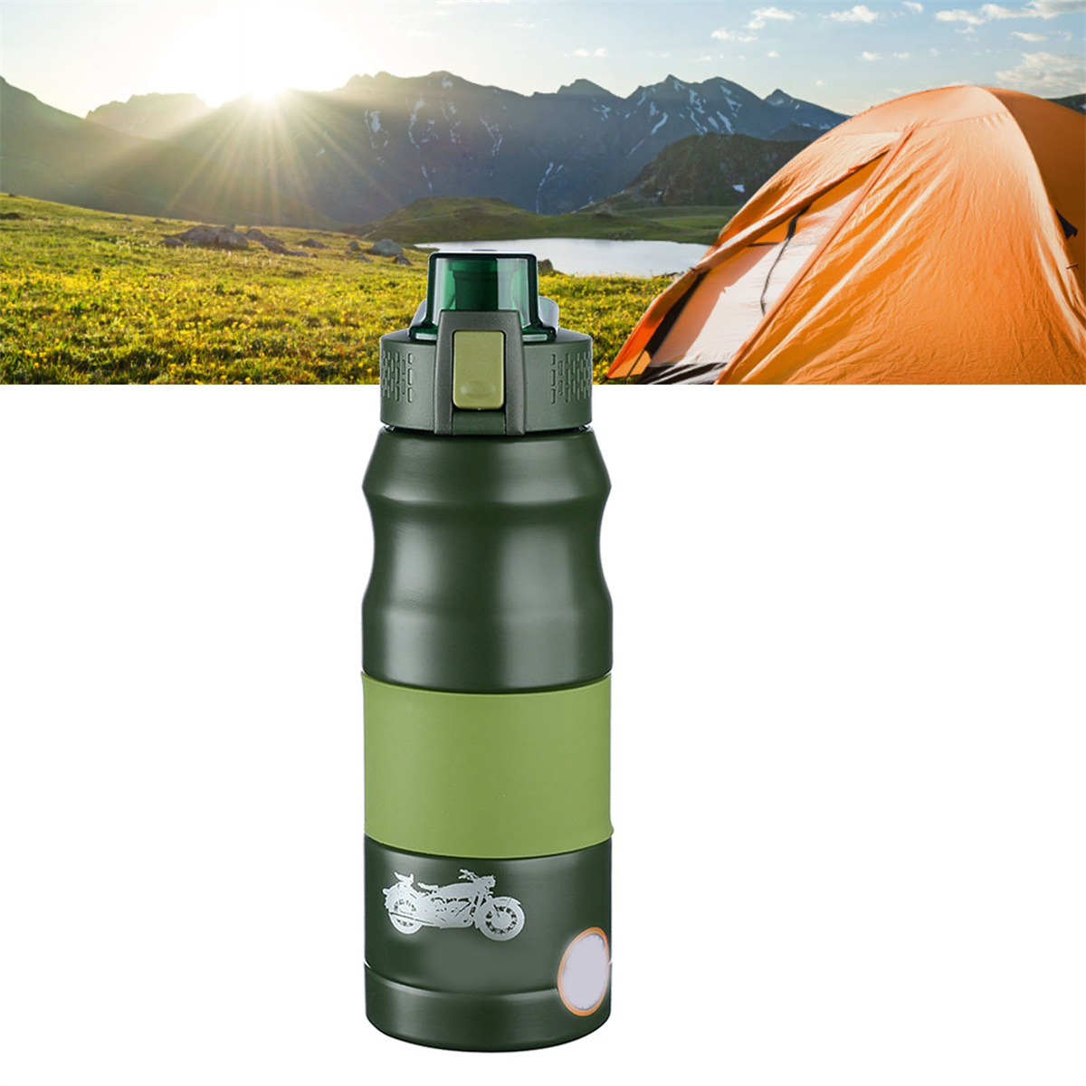 Grüne Wasserflasche mit Berglandschaft im Hintergrund und einem Campingzelt.