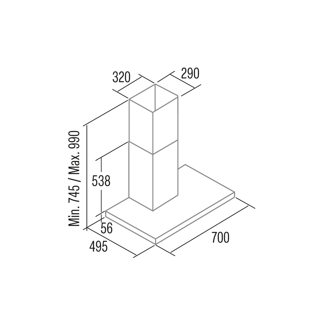 Diagramma di una cappa rettangolare con dimensioni e linee.