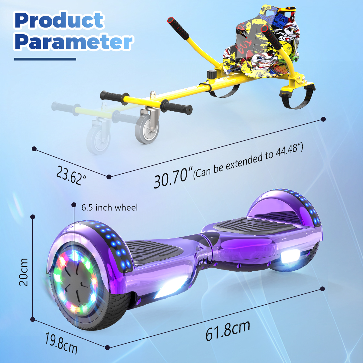 Lila Hoverboard und gelbes Roller-ähnliches Gerät, mit Abmessungen und Beschriftungen.