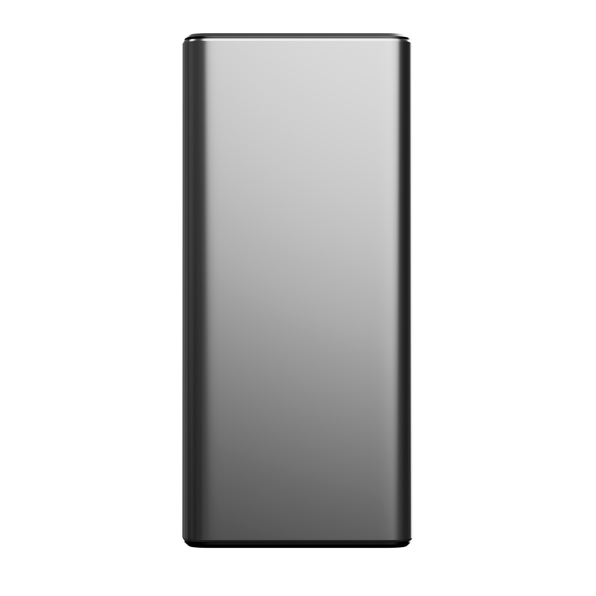 Srebrny power bank o prostym designie na białym tle.