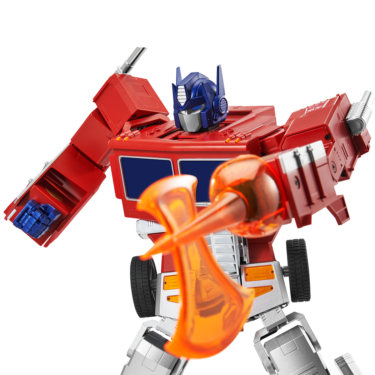 El robot de juguete Optimus Prime es rojo con azul, una llama de juguete sale de su mano.