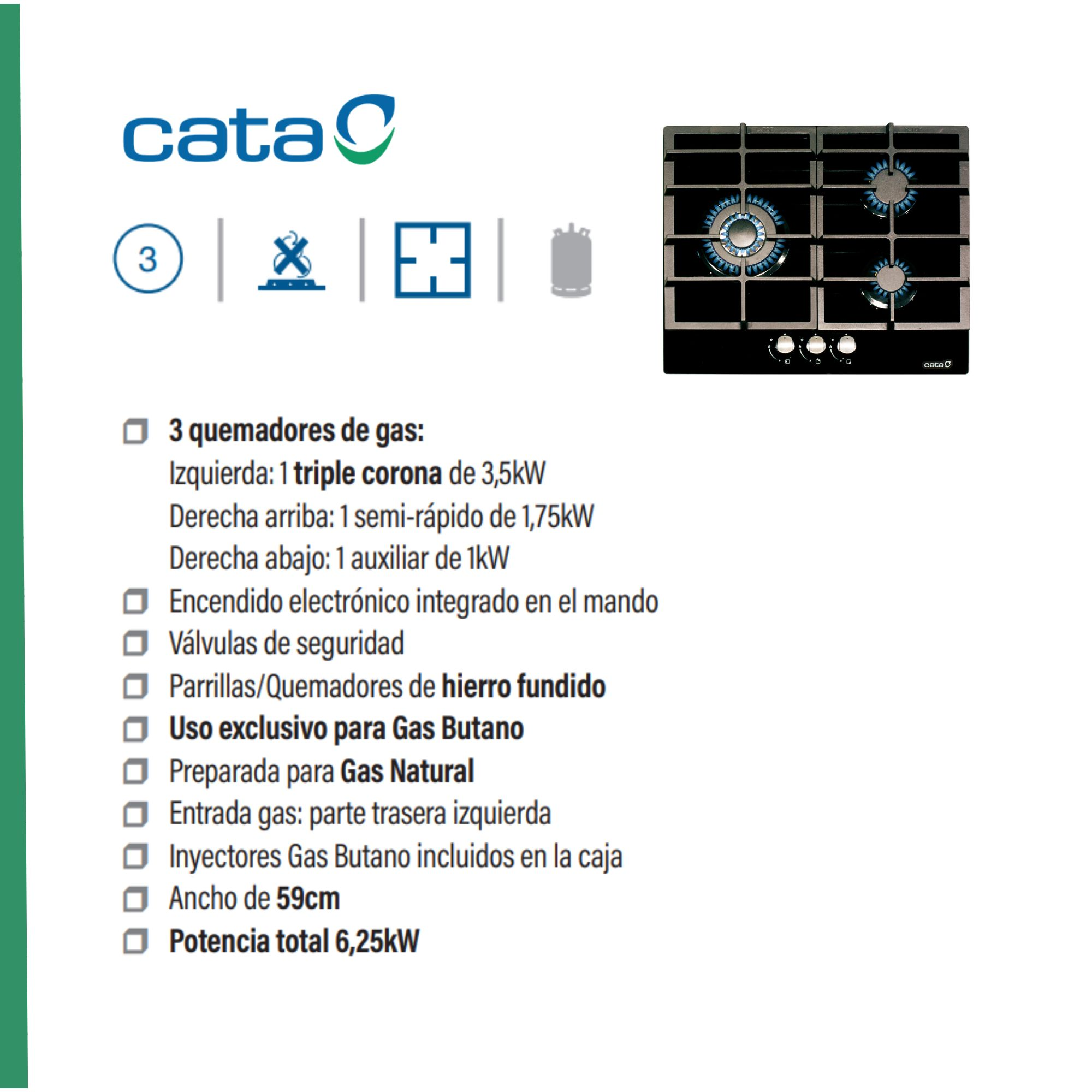 Płyta gazowa z czterema palnikami, szczegóły tekstowe. Palniki, zapłon, zawory bezpieczeństwa.