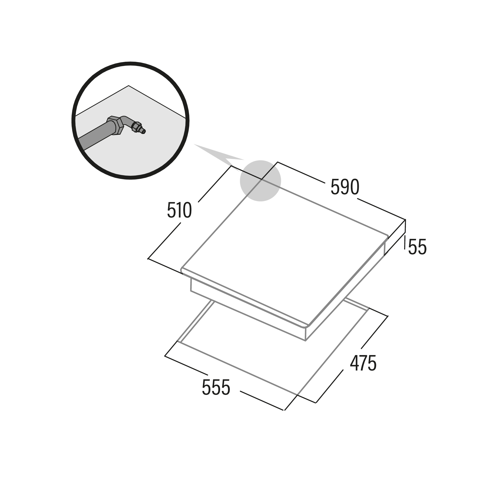 Diagrama de un electrodoméstico cuadrado con dimensiones en milímetros y un pequeño diagrama insertado.