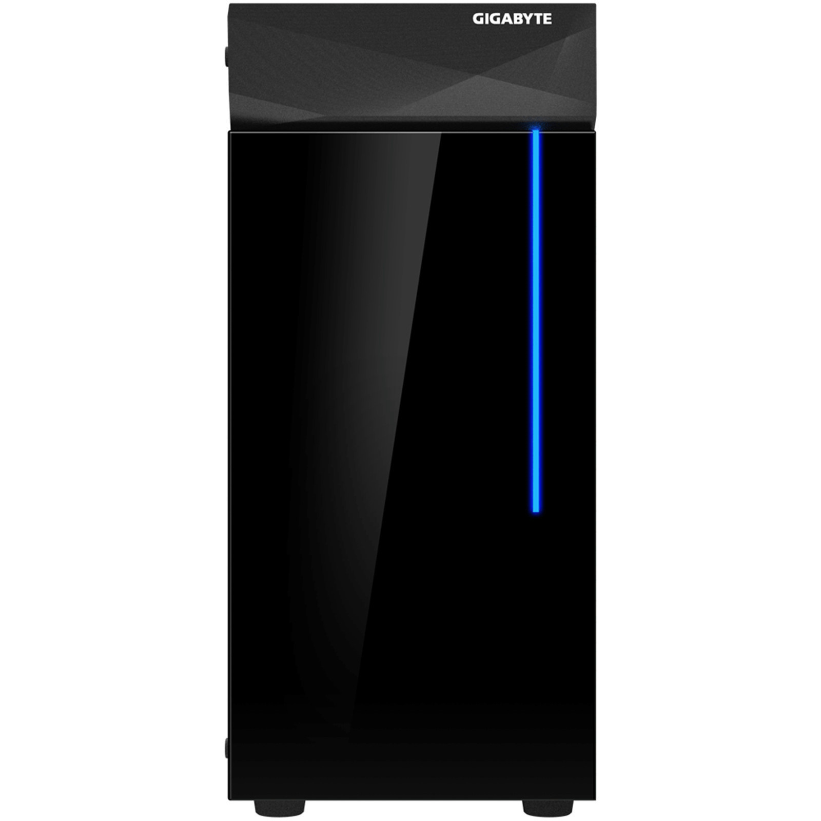 Caja de ordenador Gigabyte negra con una tira LED azul. Fondo blanco.