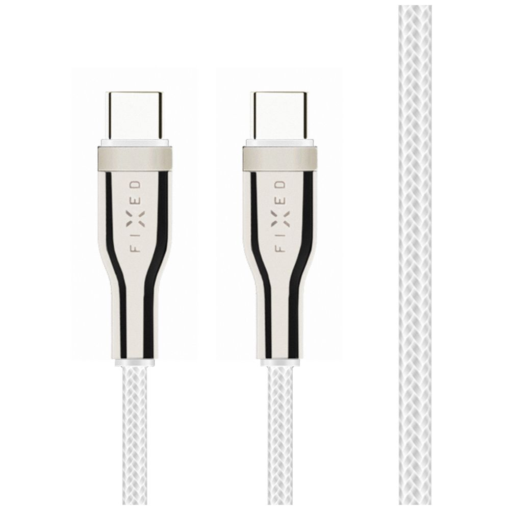 Zwei weiße USB-C-Kabel mit silbernen Steckern. Das Wort FIXED ist auf den Steckern aufgedruckt.