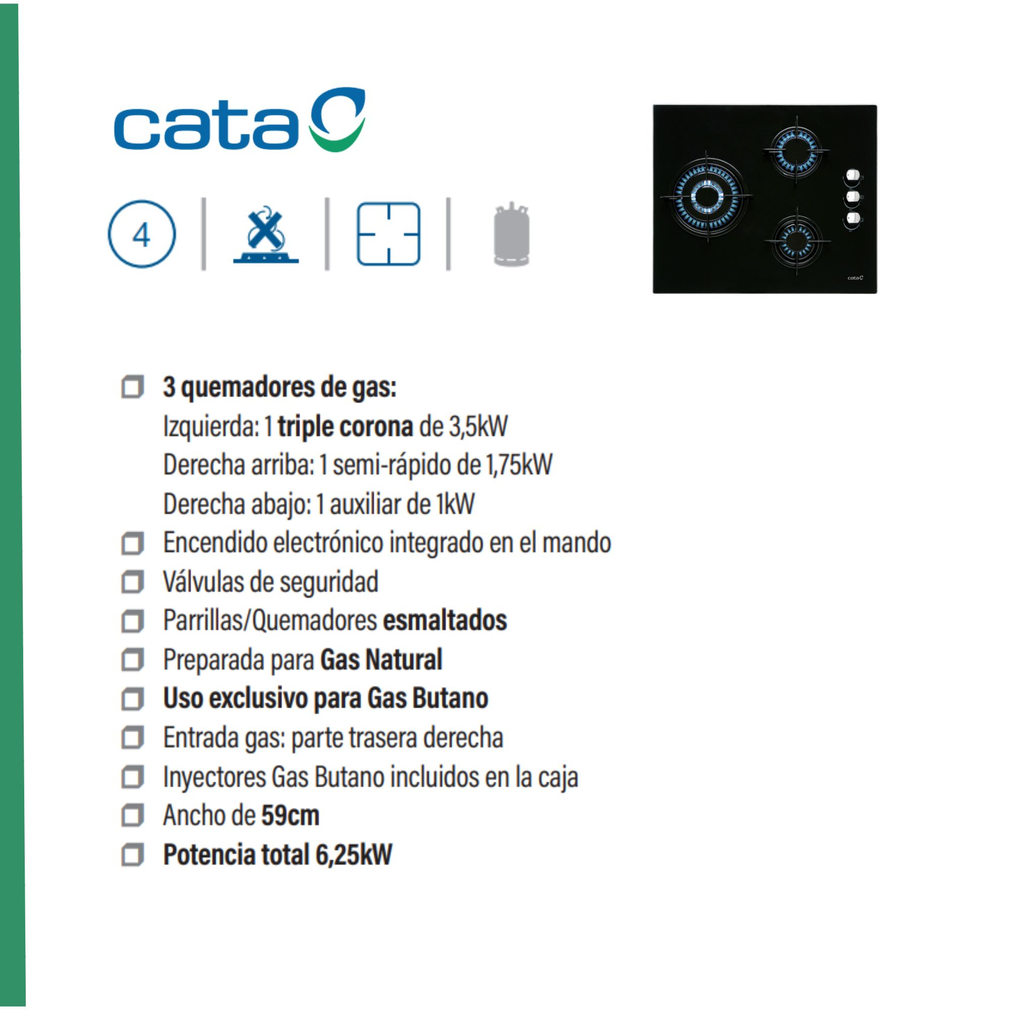 Encimera de gas con cuatro quemadores, con especificaciones de quemadores y válvulas de seguridad.