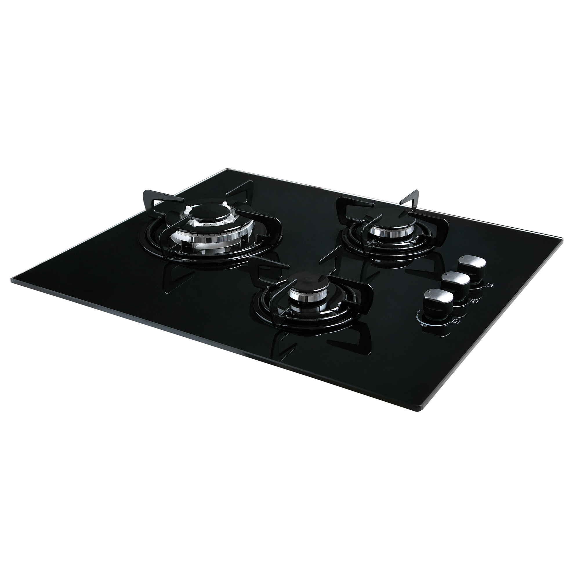 Encimera de vidrio negro con cuatro quemadores. Tres perillas plateadas están en el lado derecho de la encimera.