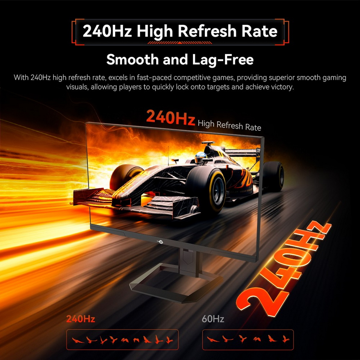 Monitor komputera wyświetlający grę wyścigową z samochodem. Tekst brzmi "240Hz High Refresh Rate".