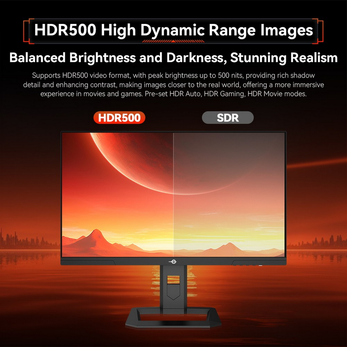 Monitor mostrando un atardecer, destacando HDR500 para brillo equilibrado y realismo impresionante.