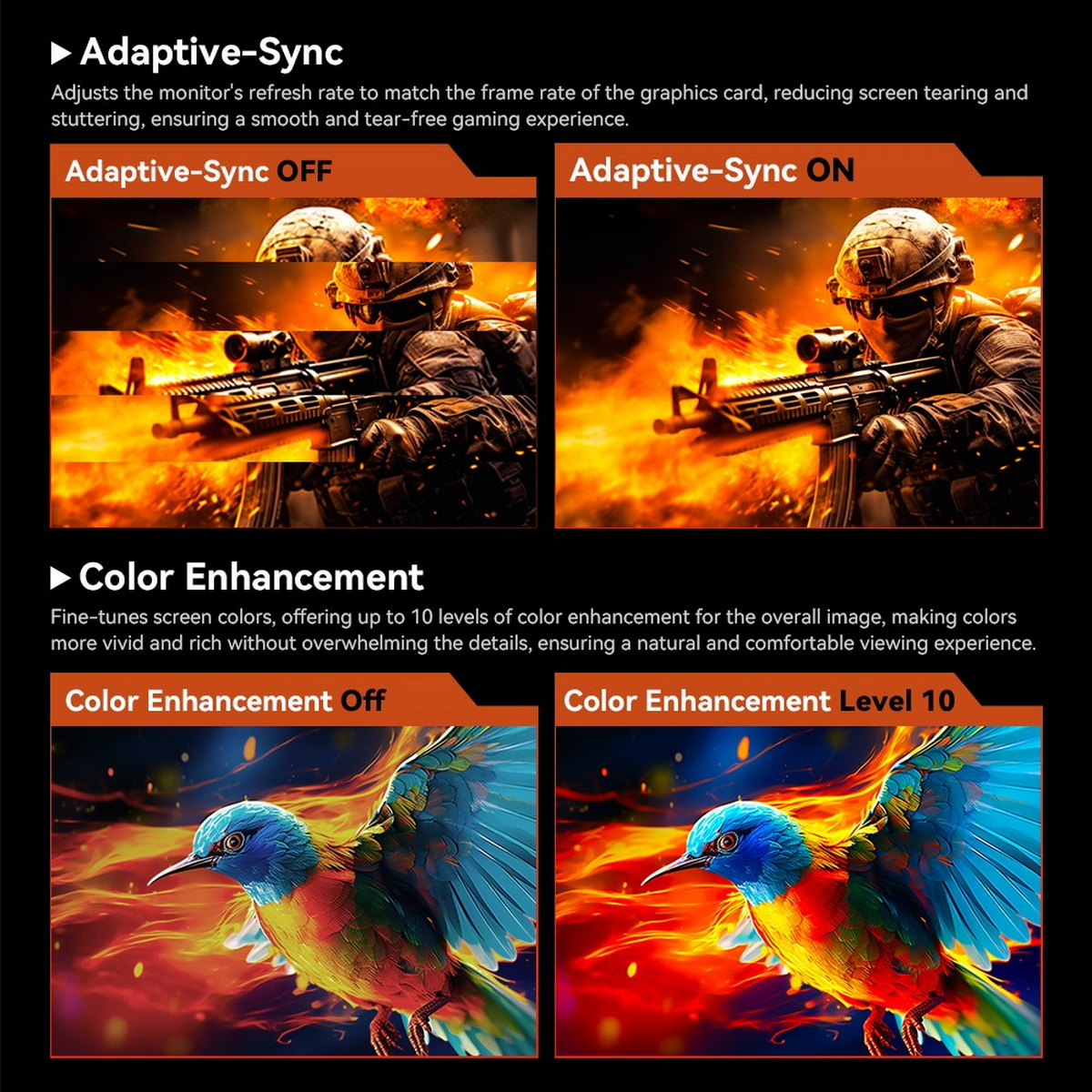 Zwei Bilder, die Adaptive-Sync- und Color Enhancement-Einstellungen auf einem Bildschirm vergleichen.
