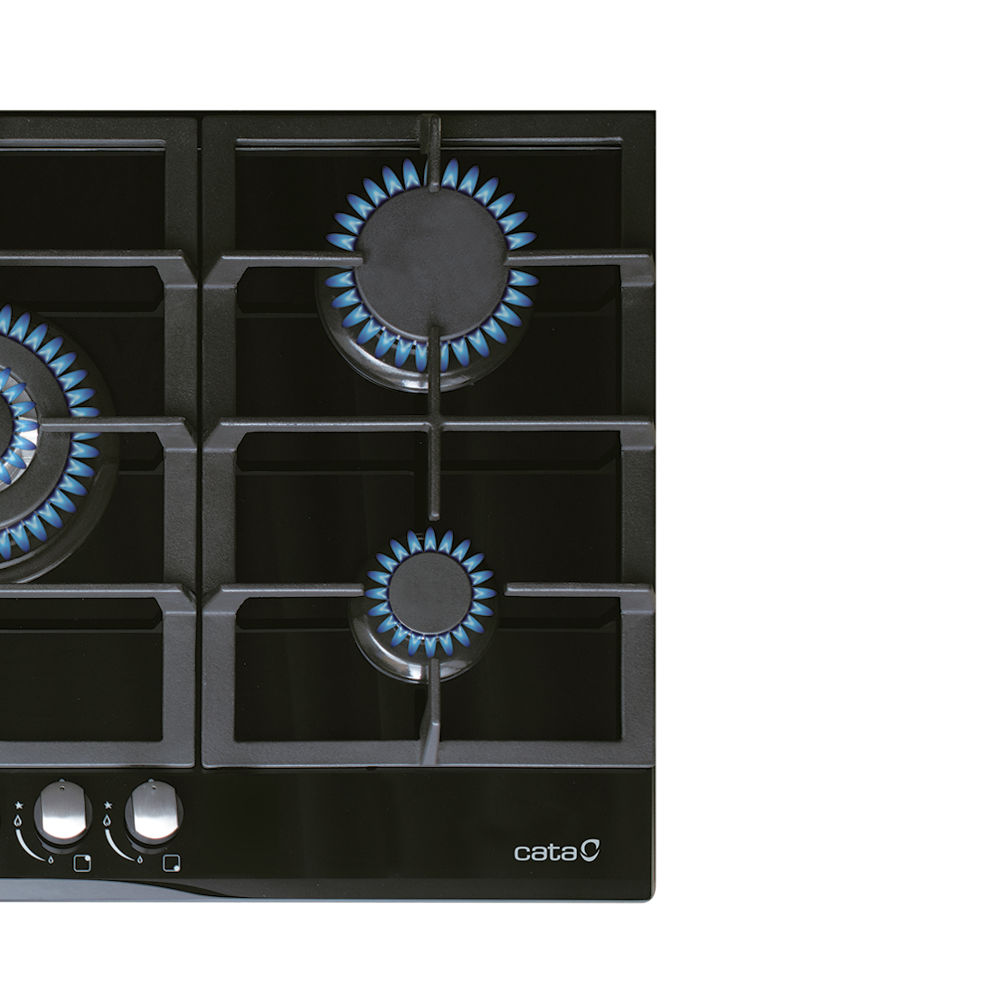 Cocina de gas negra con llamas azules y mandos plateados.