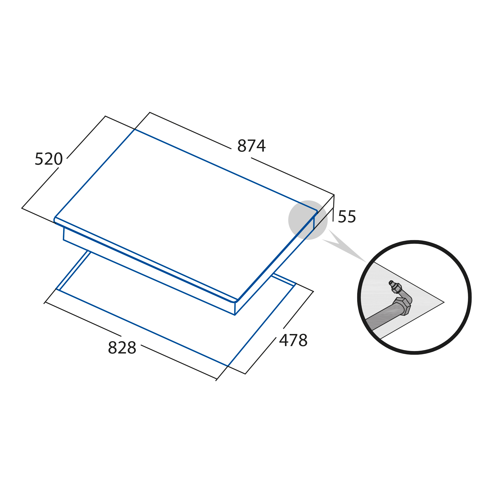 Diagrama con dimensiones de una encimera blanca con un primer plano de un control.
