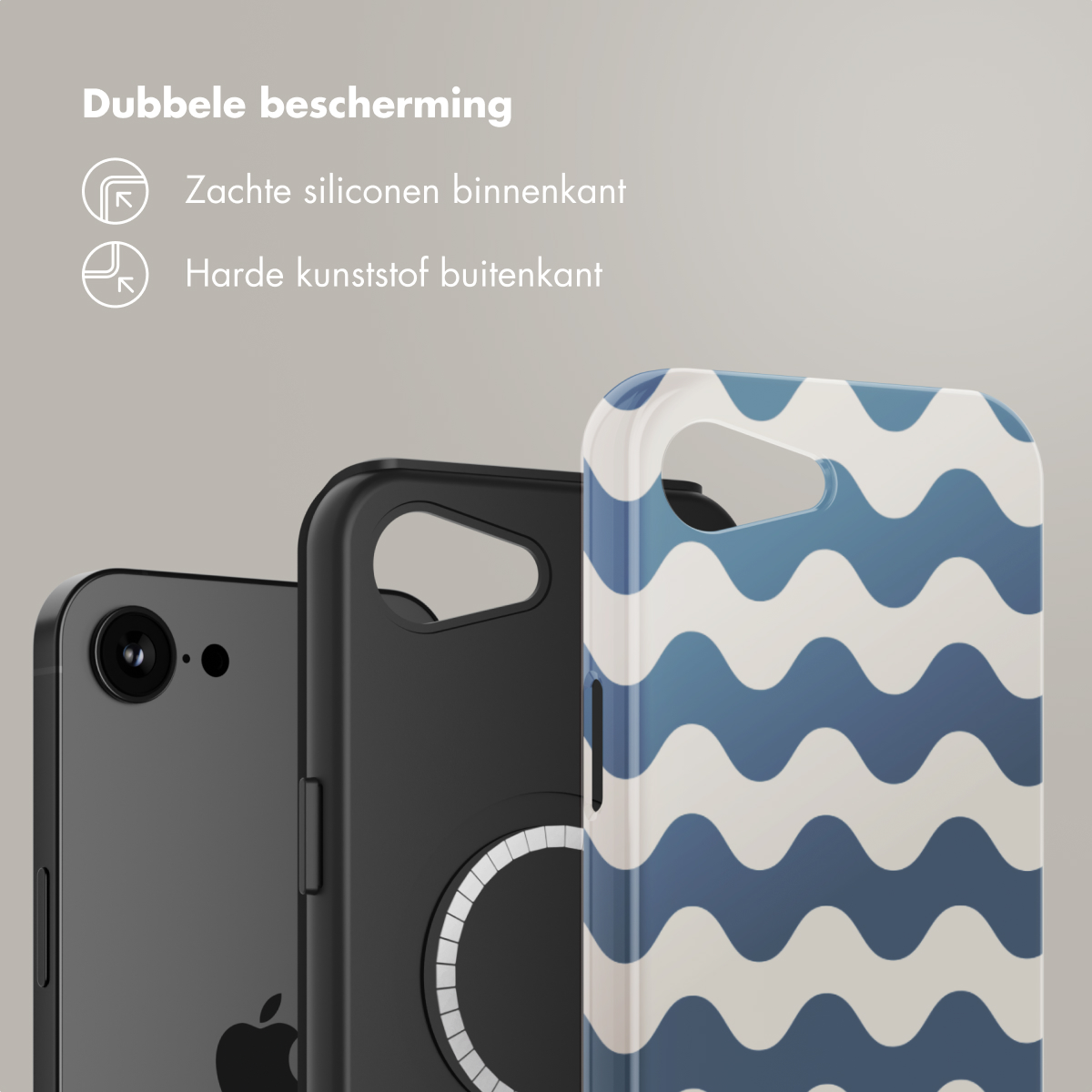 Étuis de téléphone avec un téléphone noir. L'un a un motif de vagues bleues, fond blanc.