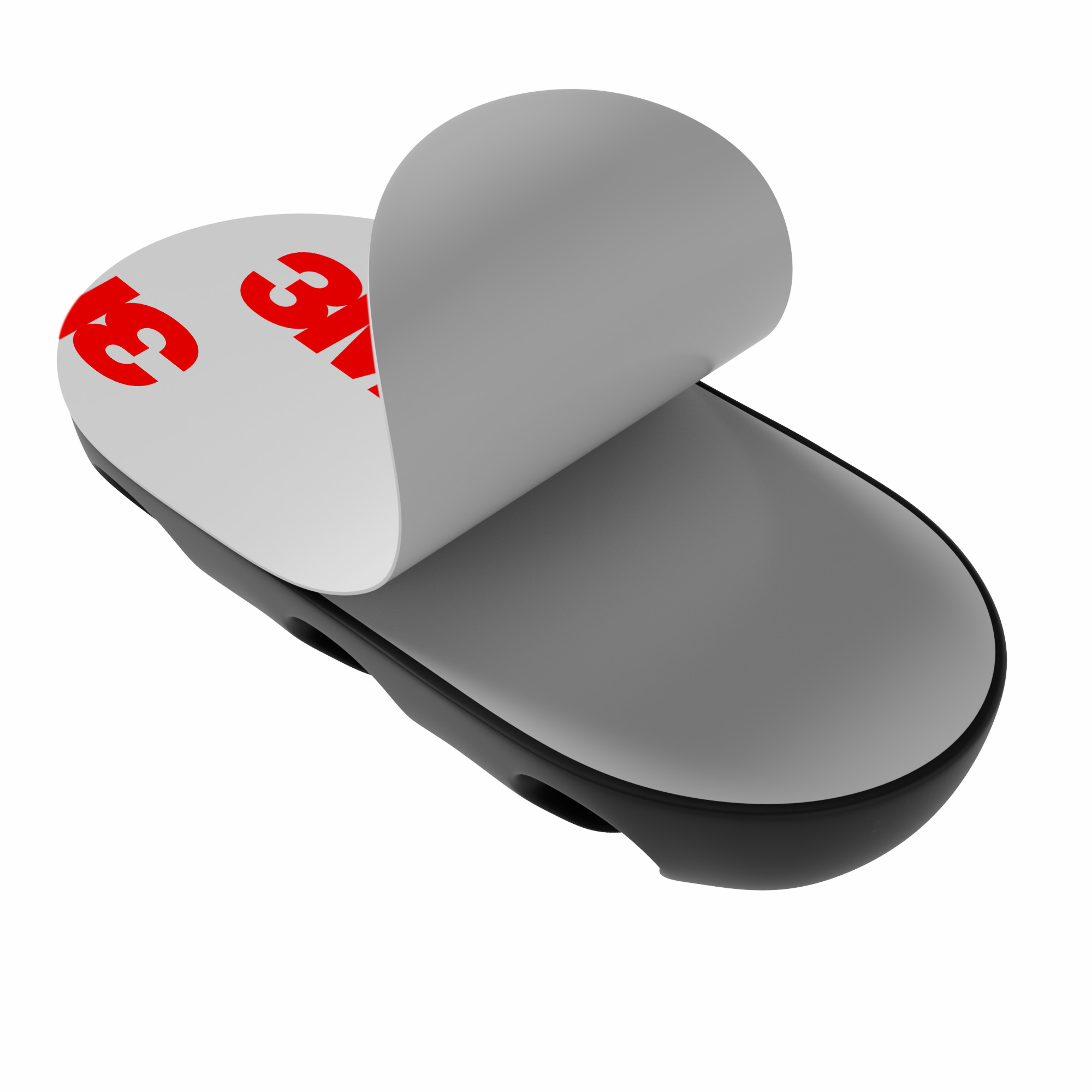 Odklejona naklejka z logo 3M na czarnym, owalnym przedmiocie.