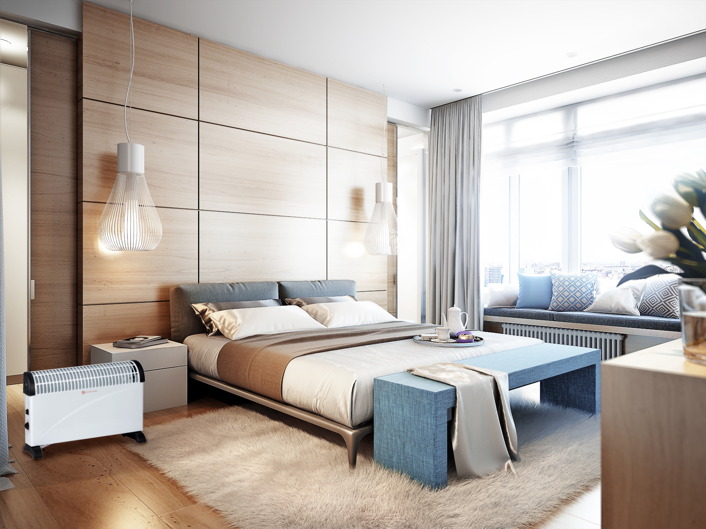 Slaapkamer met houten panelen, bed, lampen, raam met zitplaats, vloerkleed en verwarming.
