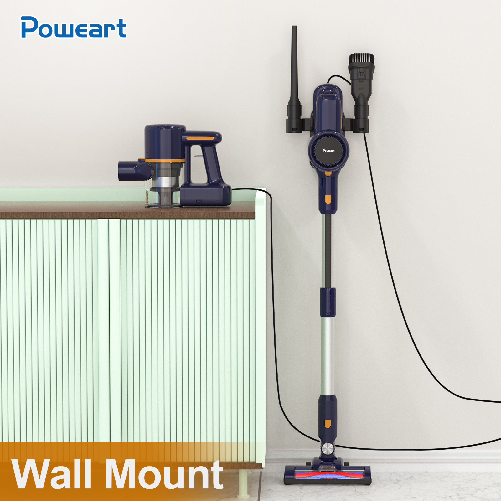 Bezprzewodowy odkurzacz i stacja ładująca. Odkurzacz jest niebieski, a stacja biała.